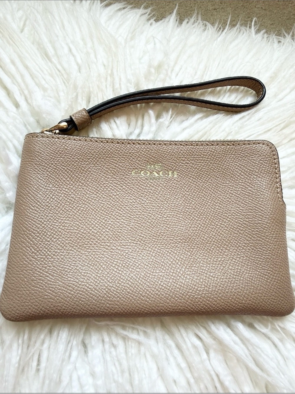 Coach Leather Wristlet in Taupe with Gold Logo